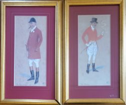 A PAIR OF EARLY 20TH CENTURY WATERCOLOURS, PORTRAITS OF TWO HUNTSMEN Wearing g red tunics, titled
