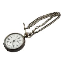 A 19TH CENTURY SILVER GENTS CHRONOGRAPH POCKET WATCH AND ALBERT CHAIN Open face with seconds dial,