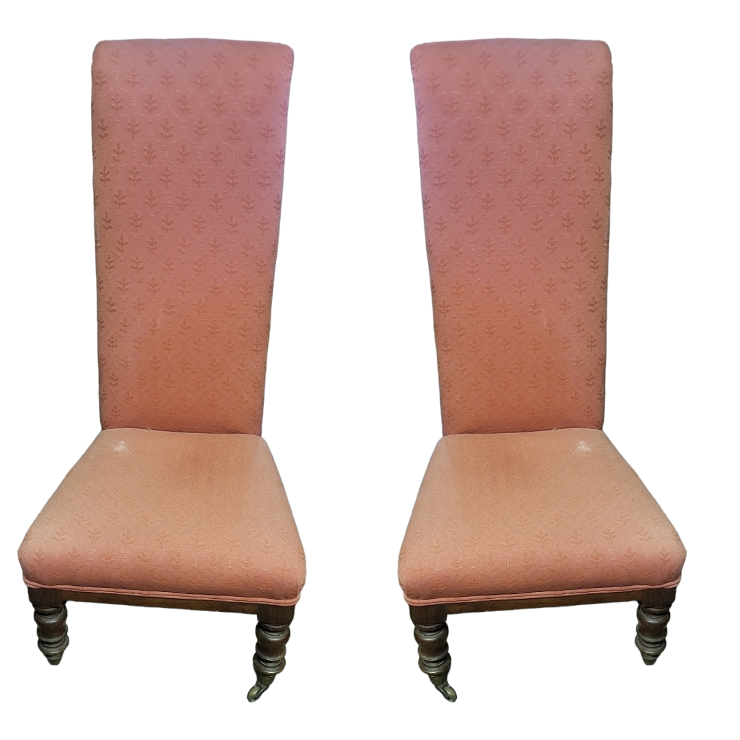 A PAIR OF VICTORIAN MAHOGANY PRIE DIEUX CHAIRS Having upholstered frame and turned legs. (approx