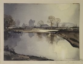 ROWLAND HILDER, 1905 - 1993, WATERCOLOUR Landscape, titled 'Sketch For The Mill Stream’, rowing boat