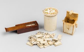 A COLLECTION OF TWO 19TH CENTURY MINIATURE PRISONER OF WAR DOMINOES SETS AND A BONE BASKET FORM.