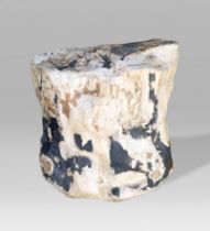 A PETRIFIED WOOD STOOL OR SIDE TABLE, POLISHED. Petrified wood is the result of permineralization