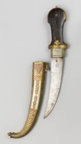 A 19TH CENTURY TURKISH DAGGER WITH FINELY ENGRAVED HANDLE AND SCABBARD.