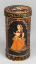 A 19TH CENTURY PAPIER MÂCHÉ INDIAN SPICE BOX. (h 27cm x w 14cm x d 14cm)