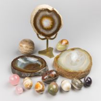 A COLLECTION OF AGATE CRYSTAL AND POLISHED ROCKS. Comprising of an agate geode on custom stand,