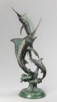 A 20TH CENTURY BRONZE SAILFISH SCULPTURE UPON MARBLE BASE.