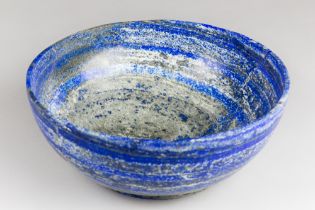 A LAPIS LAZULI BOWL. (h 10.5cm x w 25.5cm x d 25.5cm)