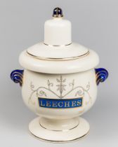 AN UNUSUAL 20TH CENTURY LEECH JAR. Inscribed ‘Leeches’ in gilded blue. (h 36cm)