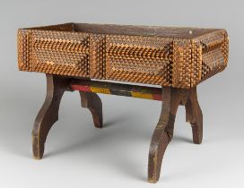 AN UNUSUAL 19TH CENTURY TRAMP ART TABLE. (h 31cm x w 46cm x d 29cm)