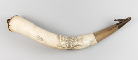 A LARGE POWDER HORN FLASK WITH SCRIMSHAW ARTILLERY DECORATION (66cm)