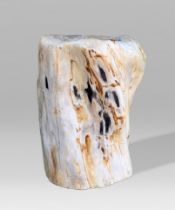 A PETRIFIED WOOD STOOL OR SIDE TABLE, POLISHED. Petrified wood is the result of permineralization