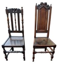 TWO 17TH CENTURY CARVED OAK SIDE CHAIRS.