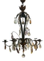 A DECORATIVE FRENCH LOUIS XV DESIGN WROUGHT IRON AND COLOURED GLASS SIX BRANCH CHANDELIER