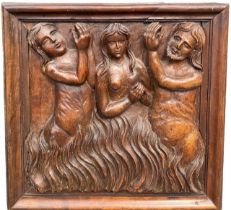 A 15TH/16TH CENTURY ITALIAN WALNUT PANEL Deeply carved with sinners lamenting in hell fire. (48.