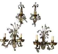 TWO PAIR OF DECORATIVE FRENCH GILT METAL AND GLASS TWO BRANCH WALL SCONCES. (largest h 36cm x w