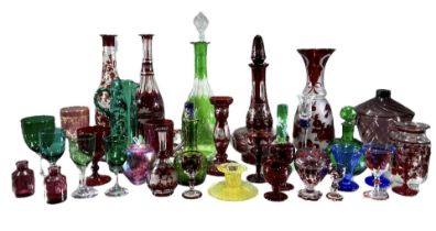 A LARGE COLLECTION OF LATE 19TH AND 20TH CENTURY GLASS ITEMS Comprising decanters, candlesticks,