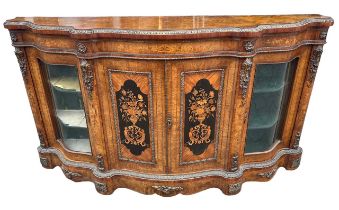 A LARGE FINE 19TH CENTURY ORMOLU MOUNTED WALNUT KINGWOOD AND MARQUETRY INLAY SERPENTINE CREDENZA,