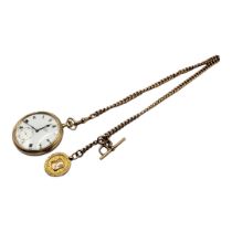 C.A. & J.E. HARRIS, A 1920’S 9CT GOLD OPEN FACED POCKET WATCH, ATTACHED TO A 9CT GOLD POCKET WATCH