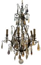 A DECORATIVE FRENCH LOUIS XV DESIGN GILT METAL AND COLOURED CRYSTAL GLASS SIX BRANCH CHANDELIER. (