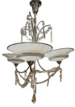 A STYLISH FRENCH ART DECO SILVER NICKEL AND GLASS THREE BRANCH CHANDELIER. (drop 68cm x diameter