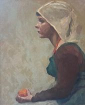 A 20TH CENTURY BRITISH OIL ON CANVAS, PORTRAIT OF A YOUNG LADY HOLDING AN ORANGE Indistinctly signed