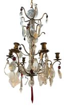 A DECORATIVE FRENCH LOUIS XV DESIGN GILT ORMOLU AND CRYSTAL GLASS SIX BRANCH CHANDELIER. (drop