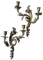 A PAIR OF FRENCH BRONZE LOUIS XVI ROCOCO DESIGN TWO BRANCH WALL SCONCES Decorated with scrolling