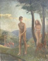 A LARGE EARLY 20TH CENTURY IMPRESSIONIST OIL ON CANVAS, ADAM AND EVE IN A MOUNTAIN LANDSCAPE WITH