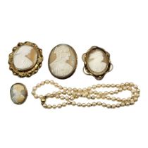 COLLECTION OF FOUR VICTORIAN CAMEO BROOCHES. TOGETHER WITH 14CT GOLD CLASPED STRING OF PEARLS,