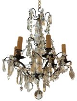 A DECORATIVE FRENCH LOUIS XV DESIGN ORMOLU AND CRYSTAL GLASS SIX BRANCH CHANDELIER. (drop 53cm x