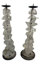 A PAIR OF DECORATIVE WROUGHT IRON AND ROCK CRYSTAL PRICKET CANDLE STAND. (h 51cm)