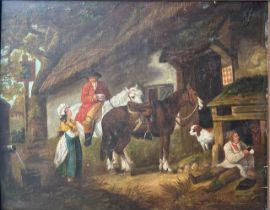 AFTER GEORGE MORLAND, A 19TH CENTURY OIL ON PANEL Titled ‘The Public House Door’, framed. (sight