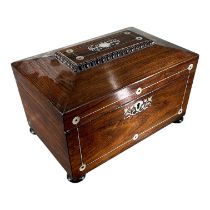 19TH CENTURY ROSEWOOD AND MOTHER OF PEARL SARCOPHAGUS TEA CADDY Two compartments, felt lined