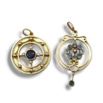 TWO EDWARDIAN 9CT GOLD, BLUE TOPAZ, AQUAMARINE AND SEED PEARL PENDANTS. (largest 26mm, gross