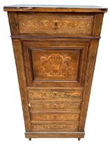 A LATE 19TH CENTURY FRENCH MARQUETRY INLAID ROSEWOOD AND MARBLE TOP ESCRITOIRE The full front