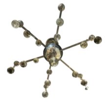 A STYLISH FRENCH ART DECO NICKEL SILVER AND GLASS SIX BRANCH ELECTROLIER. (drop 65cm x diameter