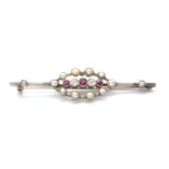 A gold split pearl, ruby and diamond brooch,