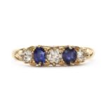 A gold five stone sapphire and diamond ring,