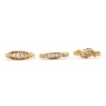 Three 18ct gold five stone diamond rings,