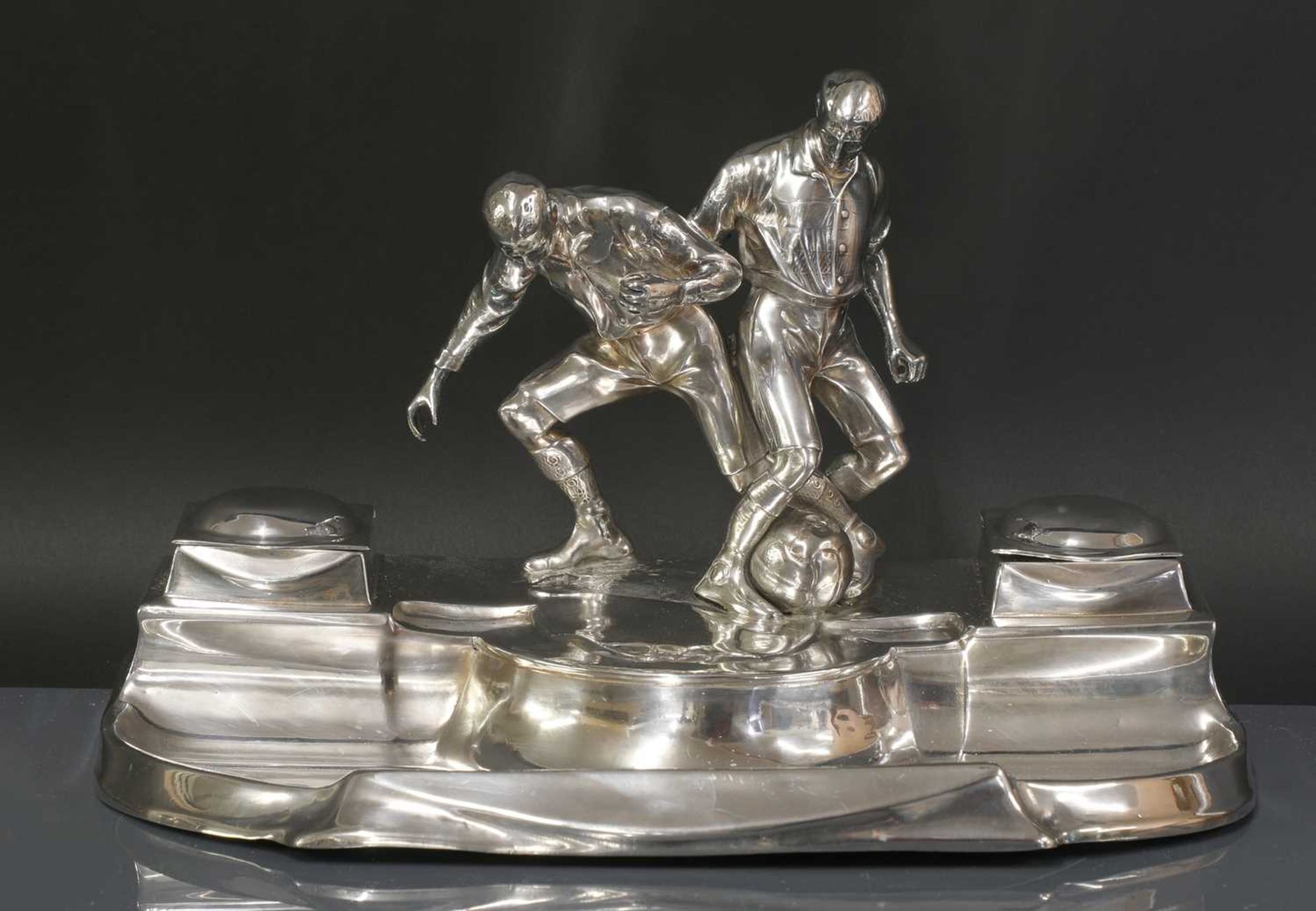 A Kayser silver-plated 'footballers' desk stand,