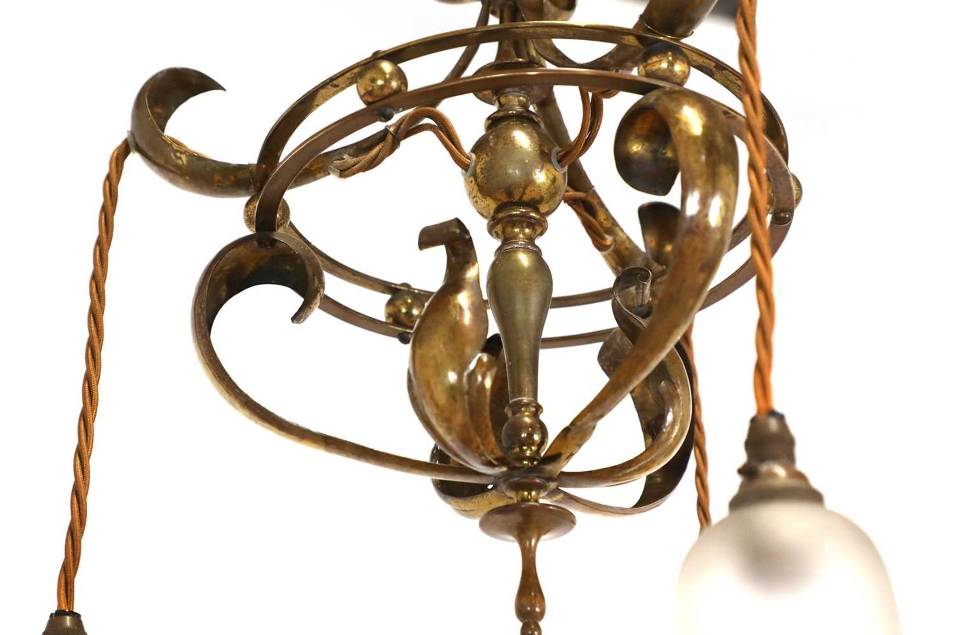 An Arts and Crafts brass three-branch hanging ceiling light, - Image 2 of 2