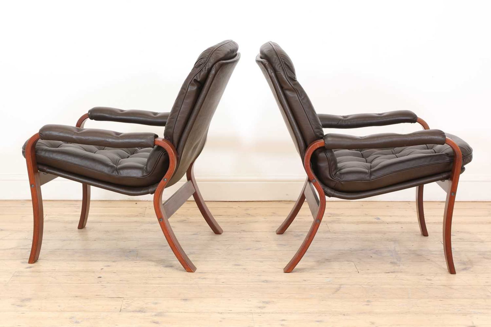 A pair of Swedish brown leather and bentwood lounge chairs, - Image 2 of 4