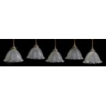 Five moulded glass Holophane ceiling lights,
