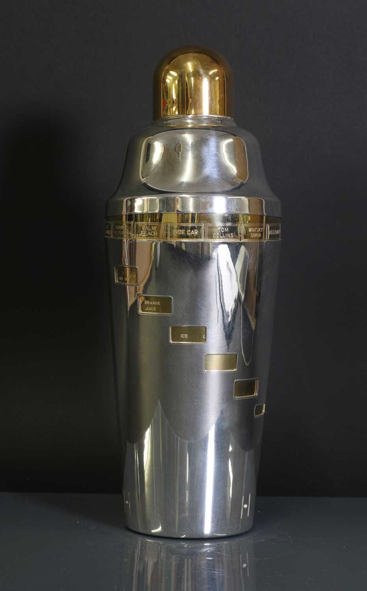 A silver-plated and gilt 'Recipe' cocktail shaker