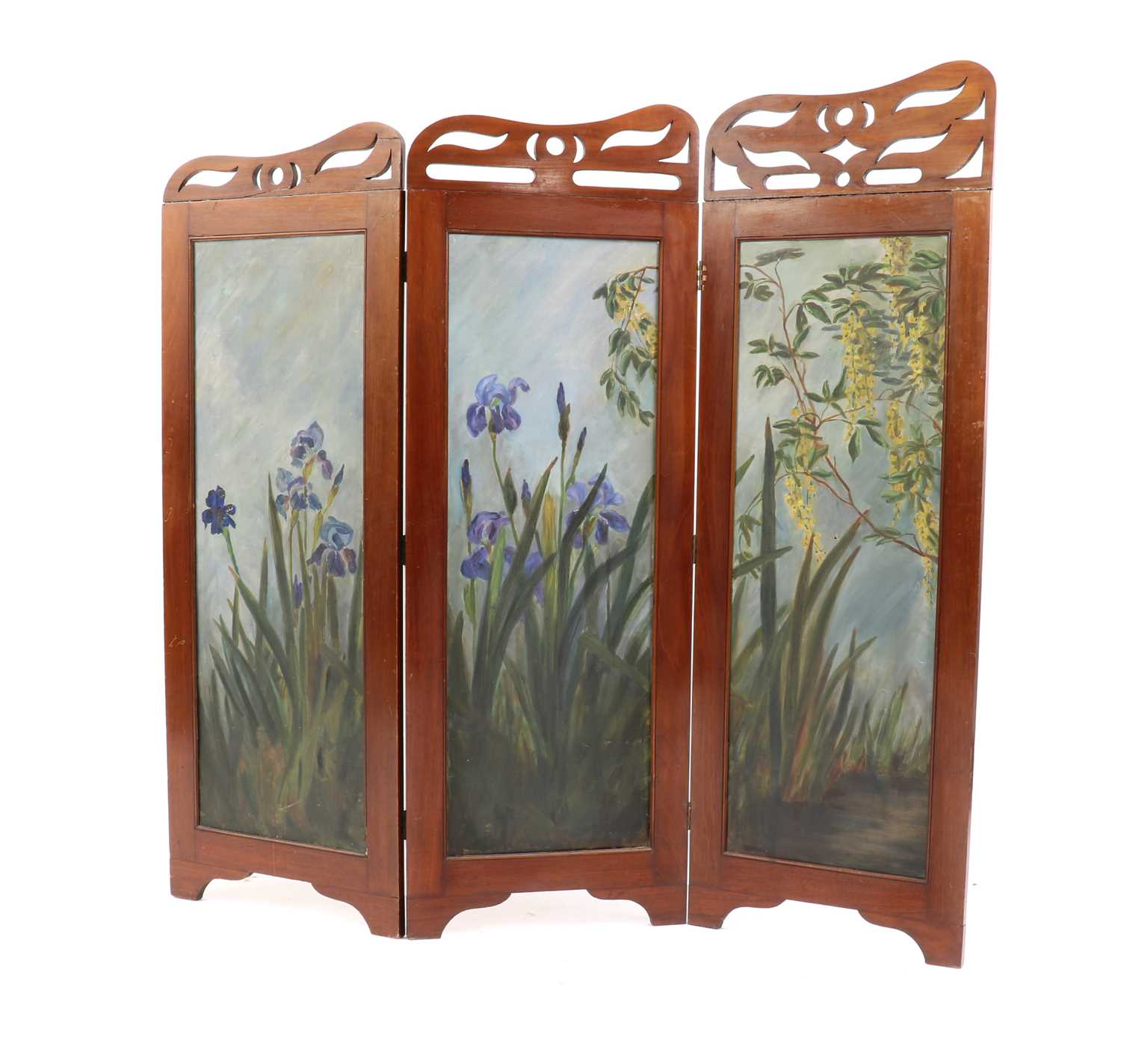 An Art Nouveau painted mahogany framed screen,