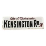 A 'City of Westminster Kensington Rd. S.W.’ Vitrolite road sign