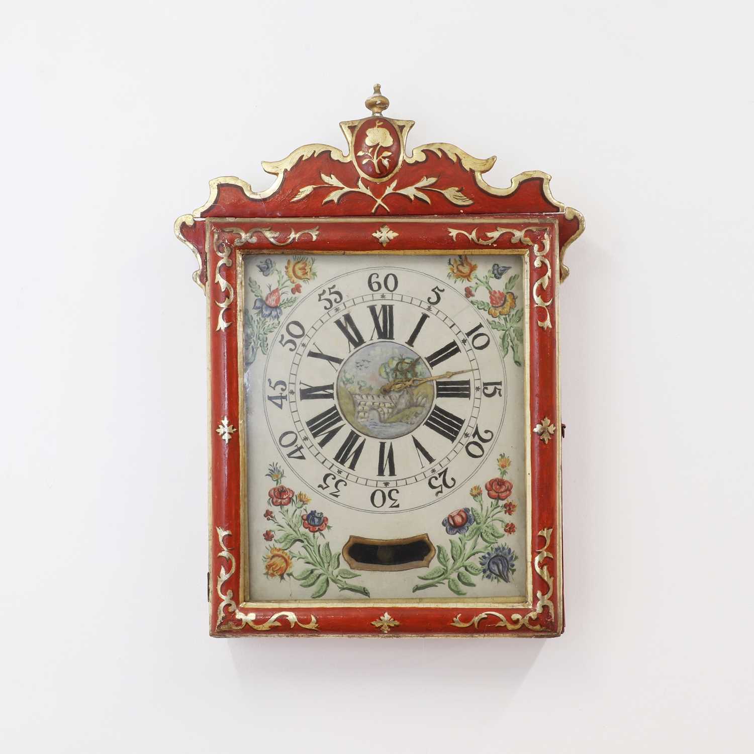 A painted and parcel-gilt weight-driven wall clock,