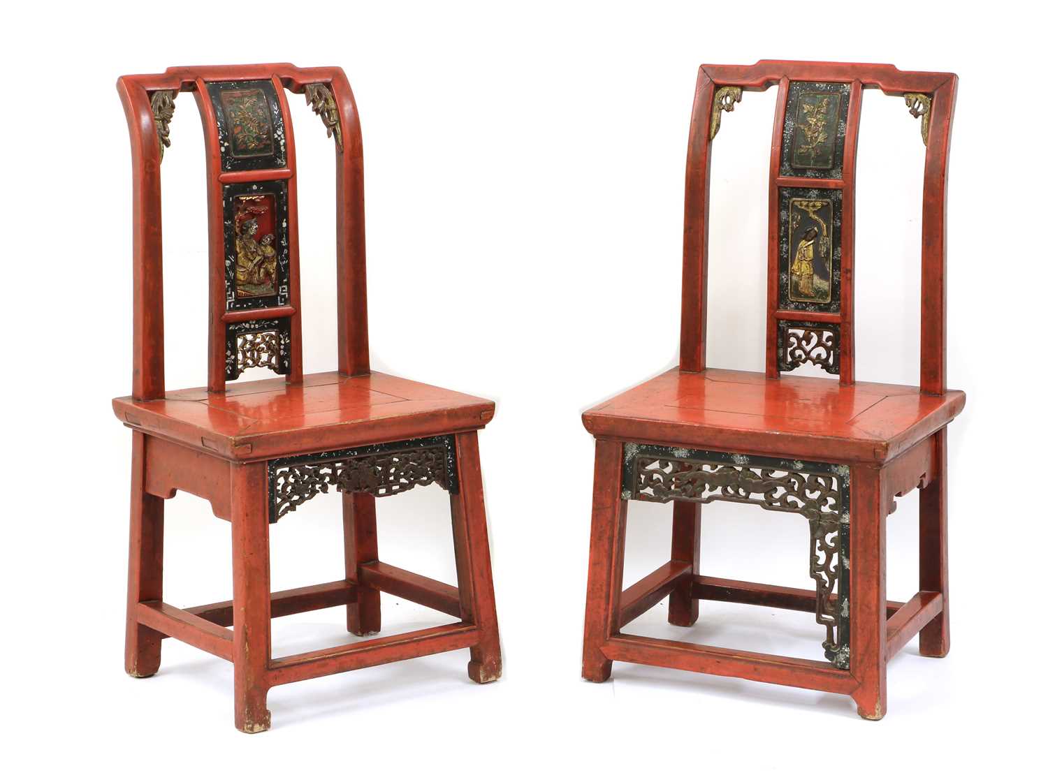 A near pair of red lacquer low chairs,