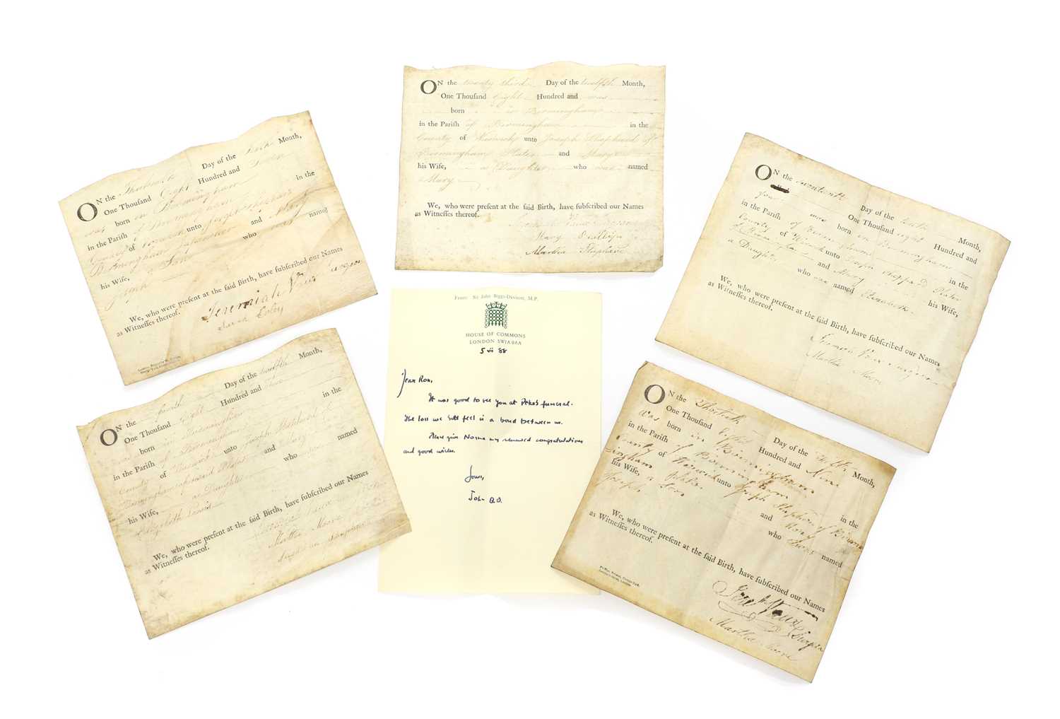 A group of six birth certificates