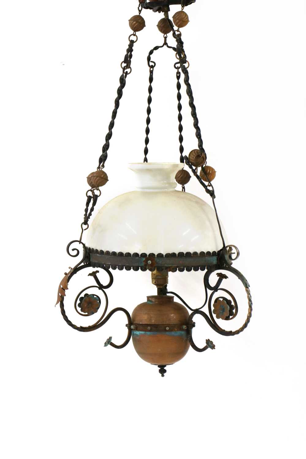 A wrought iron and copper mounted hanging ceiling light,